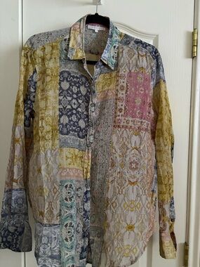 Olivaceous Floral Patchwork Button-Up in Pastel Greens and Pinks